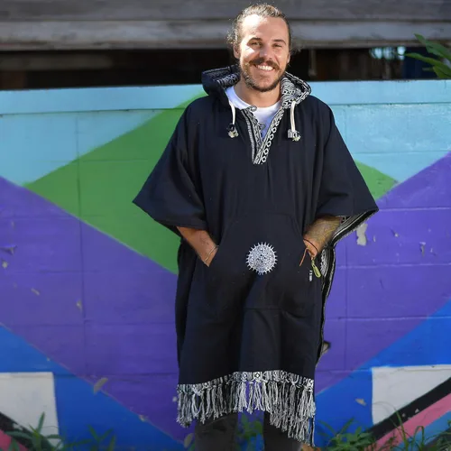 Miniatura 3 de virblatt - Poncho mexicano para hombre 100% algodón poncho de manta reversible poncho de lana hippie Baja con capucha pancho