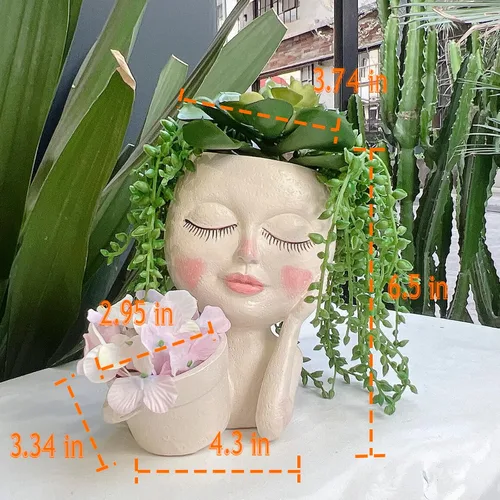 Miniatura 3 de Maceta con Rostro - Macetas Dobles para Plantas de Interior y Exterior, Resina, Cabeza de Planta con Agujero de Drenaje, Linda Cara de Dama, Macetas