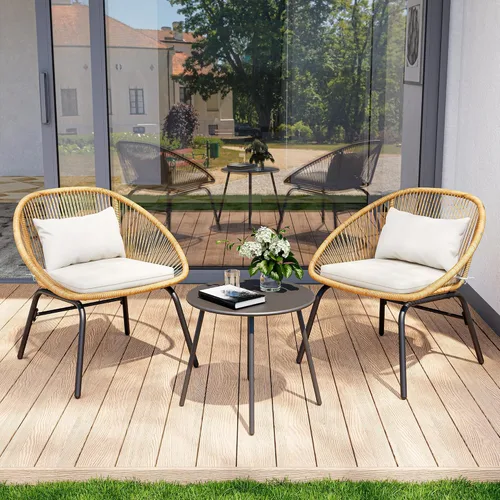 Miniatura 9 de LAUSAINT HOME Juego de 3 piezas para conversación de patio, muebles de mimbre para todo tipo de clima, con 2 sillas anchas y mesa auxiliar, perfecto