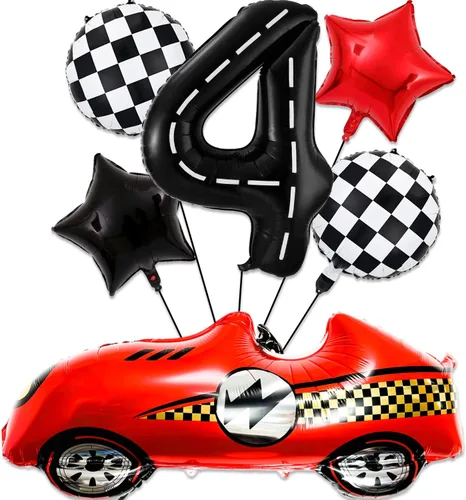 Miniatura 8 de Decoraciones de cumpleaños de carreras de 1 año, globos rojos grandes de coche de carreras de 40 pulgadas, globo negro número 1, globo a cuadros