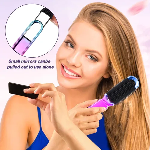 Miniatura 5 de Mini cepillo de pelo de viaje, pequeño cepillo plegable compacto con espejo y punta redonda cerdas de nailon para mujeres y hombres, peine portátil