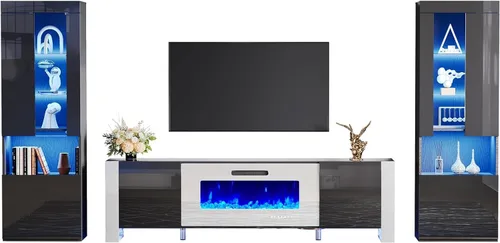 Miniatura 11 de AMERLIFE Moderno soporte de TV con chimenea de 70 pulgadas con chimenea eléctrica de 36 pulgadas y 2 estanterías LED de almacenamiento grandes, Todo