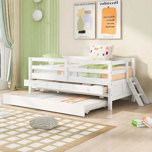 Miniatura 16 de Quarte Sofá cama multifuncional de tamaño individual con nido y estantes plegables en ambos lados, sofá cama con marco de madera y listones