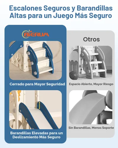 Miniatura 5 de BIERUM Tobogán para niños, juego de 6 en 1 para interiores y exteriores con aro de baloncesto, juego de golf y telescopio, juego de tobogán y Azul