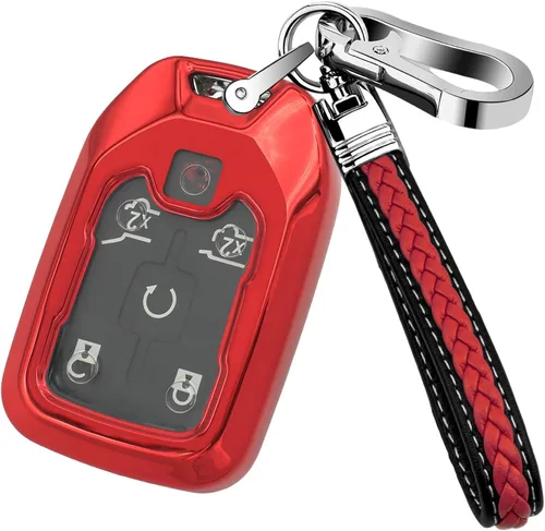 Funda para llavero GMC, carcasa de TPU suave con llavero de cuero para Chevy Suburban Tahoe GMC Sierra Terrain Acadia Yukon accesorios, color rojo