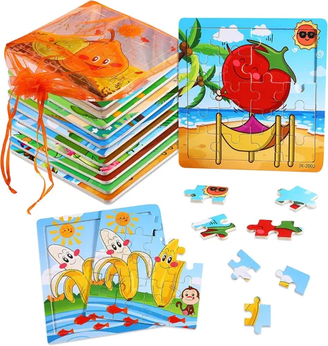 Miniatura 13 de SANNIX Paquete de 12 rompecabezas para niños pequeños, rompecabezas de animales de madera, 9 piezas con 12 bolsas organizadoras para niños de 2, 3