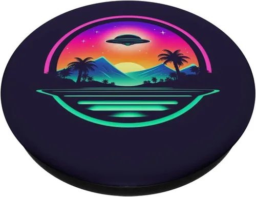Miniatura 2 de Retro UFO Alien Landscape Synthwave Estético UAP PopSockets Intercambiable PopGrip