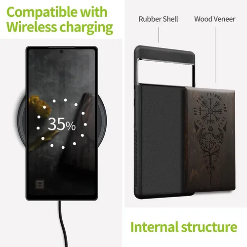 Miniatura 5 de Carveit Funda de madera para Pixel 7 [madera natural y TPU suave negro] a prueba de golpes, funda de madera única y elegante compatible con Google