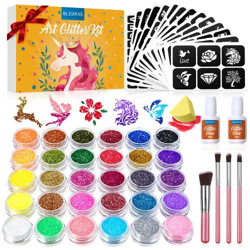 Kit de tatuaje temporal de 30 colores para niñas, 147 plantillas, 4 pinceles, 2 pegamento, tatuajes con purpurina para niños o adultos, para niñas y