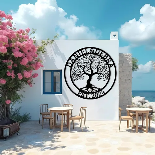 Miniatura 3 de Arte de pared personalizado del Árbol de la vida, decoración personalizada con apellido, letrero de metal para balcón exterior, arte de pared