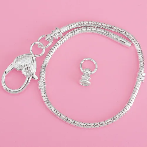 Miniatura 3 de rubyca 10pcs blanco bañado en plata corazón langosta Cadena de Serpiente Europea Pulsera de Perlas de Fit Encanto