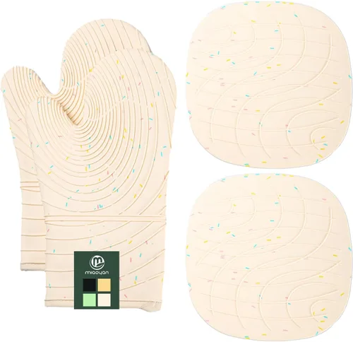 Miniatura 11 de Juego de 4 guantes para horno y soportes para ollas, resistentes al calor, 500 grados, extra gruesos, largos, de algodón, para cocina