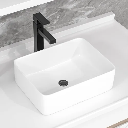 Miniatura 12 de Fregadero de recipiente blanco redondo - Fulorni 33x33 cm Lavabo de baño de cerámica de porcelana con borde dorado sobre encimera, fregadero