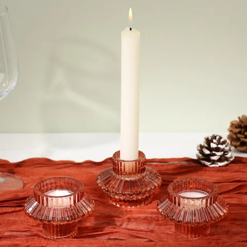 Miniatura 2 de Juego de 3 portavelas reversibles, cónicos de cristal rojo y candelita para centro de mesa, boda, fiesta, decoración del hogar Marrón rojizo