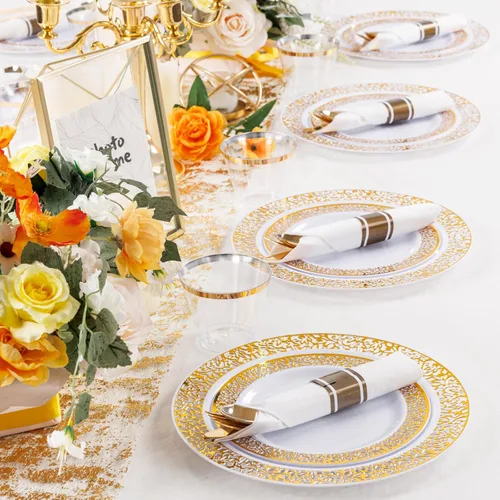 Miniatura 5 de WELLIFE Juego de vajilla para 50 invitados, platos de plástico dorados, platos para Fiestas elegantes Desechables incluyen: 50 platos llanos, 50