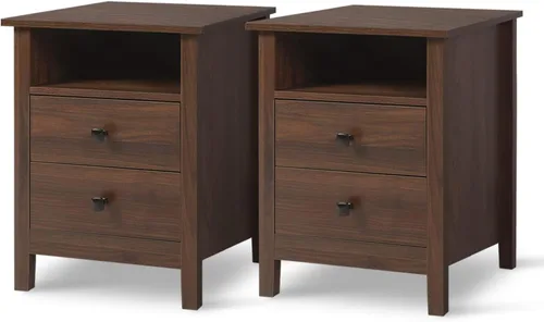 Miniatura 14 de LTMEUTY Juego de 2 mesitas de noche de madera con cajones para mesita de noche de dormitorio, mesita de noche alta con un cajón y armario abierto