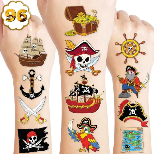 96 tatuajes temporales de barco pirata precortados para recuerdos de fiesta de niños | Suministros de cumpleaños con temática náutica, decoraciones