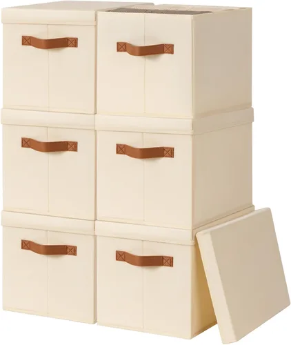 Miniatura 8 de Homsorout Contenedores de almacenamiento con tapas, cestas de almacenamiento de tela para estantes, paquete de 4 cajas decorativas plegables
