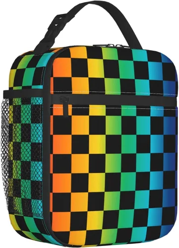 Miniatura 2 de Bolsa de almuerzo a cuadros negra y arco iris, portátil, reutilizable, con cremallera, para picnic, trabajo, oficina, viajes, escuela