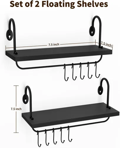 Miniatura 3 de Olakee Estantes flotantes de pared para cocina, baño, rincón de café con 10 ganchos ajustables para tazas, utensilios de cocina o toallas, estantes
