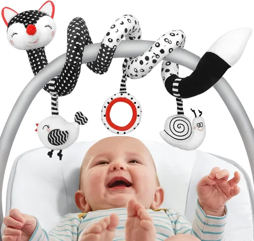 Juguetes de asiento de automóvil para bebés de 0 a 6 meses, juguetes para colgar en el asiento de automóvil, color blanco y negro, juguete de bebé