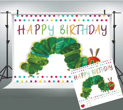 Miniatura 9 de Fondo de fotografía de feliz cumpleaños para fiesta temática de oruga, 7 x 5 pies, dibujos animados de insectos de color arco iris para niños