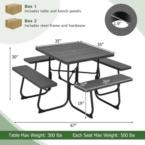 Miniatura 5 de Giantex Juego de mesa de picnic para 8 personas, mesa cuadrada para exteriores con agujero para paraguas, parte superior de polietileno de alta