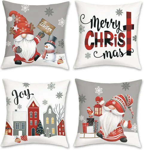 Miniatura 7 de Bonhause Juego de 4 fundas de almohada de gnomos de Navidad de 18 x 18 pulgadas, diseño de árbol de Navidad, camión rojo, para sofá, hogar