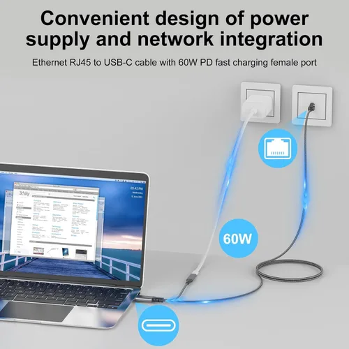 Miniatura 4 de Cable USB C a Ethernet y carga hembra de 6.6 pies, USB-C hembra 60 W PD y Gigabit LAN dos en uno, cable de nailon tipo C a RJ45, conectado