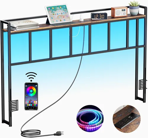 LAKEMID Cabecera tamaño Queen, cabeceros con luz LED, salidas y puertos USB, cabecera con estante de almacenamiento, cabecera resistente y estable