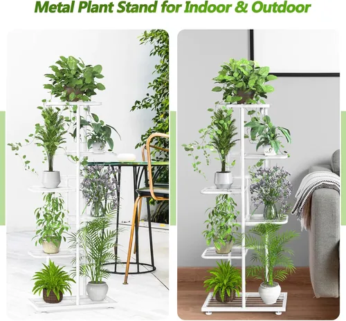 Miniatura 5 de Soporte para plantas de 6 niveles y 7 macetas para interiores con herramientas y guantes de jardinería, organizador de estantes de metal esquineros