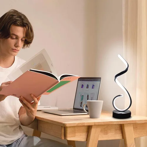 Miniatura 9 de Juego de 2 lámparas de mesa LED en espiral modernas, lámpara de mesa de control táctil de 10 W con puertos de carga USB, regulable, 3 modos de Negro