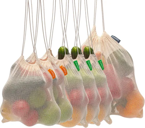 Miniatura 7 de 6 bolsas reutilizables para productos alimenticios lavables Bolsas de malla de algodón orgánico para productos Doble costura y peso de tara