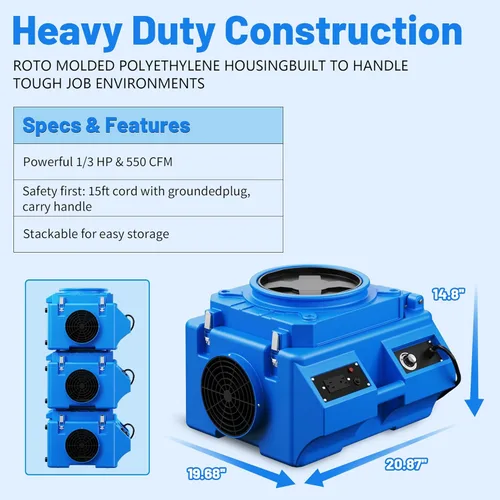 Miniatura 3 de Depurador de aire con filtración de 3 etapas, depurador de aire HEPA de 550 CFM de grado industrial, limpiador de aire resistente con filtro