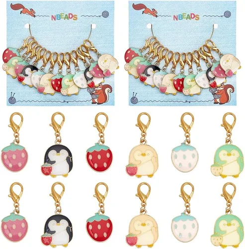 Miniatura 18 de NBEADS 20 piezas marcadores redondos de punto con anillo de animales, marcadores de punto de ganchillo esmaltados de aleación, cierre de acero