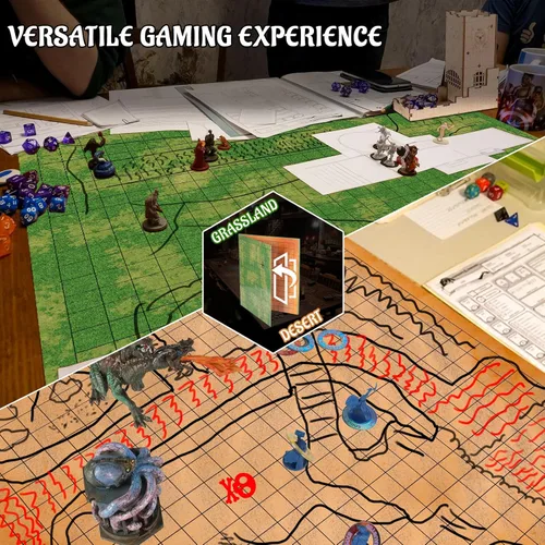 Miniatura 2 de CZYY DND - Tapete plegable de borrado en seco TTRPG Map Grassland & Desert de cartón de dos caras de 27 x 23 pulgadas con rejilla cuadrada, tablero