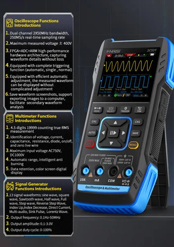Miniatura 2 de 【FNRSI Actualizado 2C53T con 2 Sondas P6100】 Osciloscopio/Multímetro/Generador de Señal DDS 3 en 1, Ancho de Banda de 50MHz, Frecuencia de Muestreo