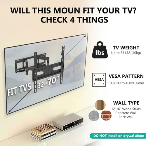 Miniatura 2 de WALI - Soporte de pared para TV de movimiento completo para televisores de 32–70 pulgadas – Montura de doble articulación con giro, inclinación