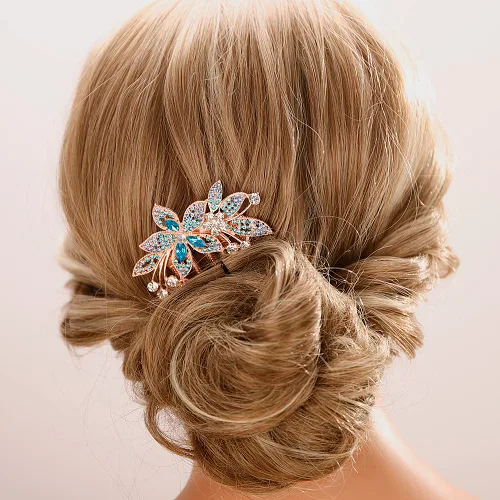 Aimimier Peine para el cabello de cristal con hojas de flores para novia, boda, delicado, diamantes de imitación, peines laterales, horquillas para