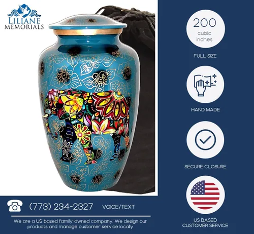 Miniatura 3 de Urna funeraria azul con elefante - Diseño floral espiritual indio - Urna de cremación para cenizas humanas - Aluminio - Adecuada para entierro