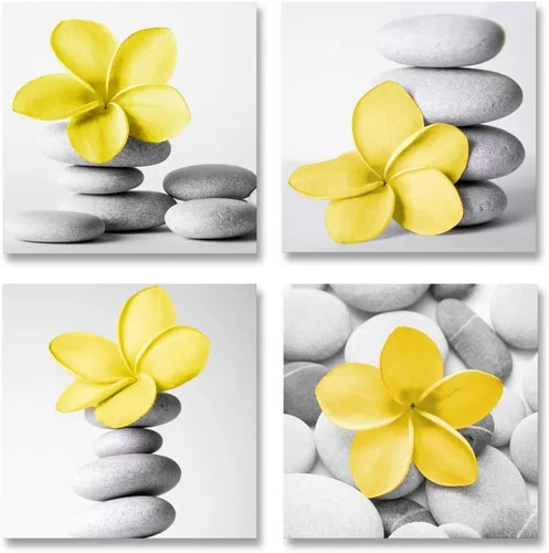 Genius Decor - Arte moderno para pared de baño, diseño de flores zen azules y grises, piedra de guijarro, aguamarina, arte en lienzo para decoración
