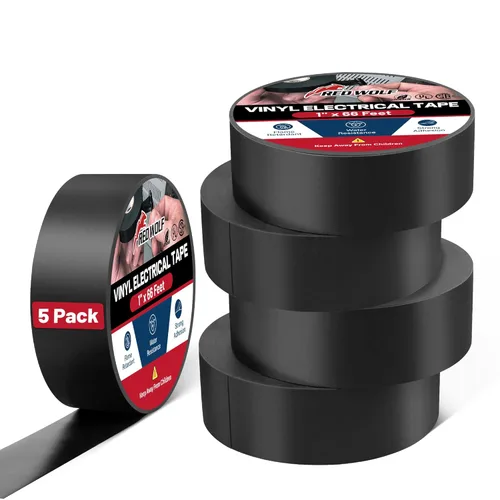 RED WOLF Cinta eléctrica de vinilo de 1 pulgada x 66 pies, 5 rollos, cinta eléctrica de PVC con certificación UL CSA de 7 mil de grosor, resistente