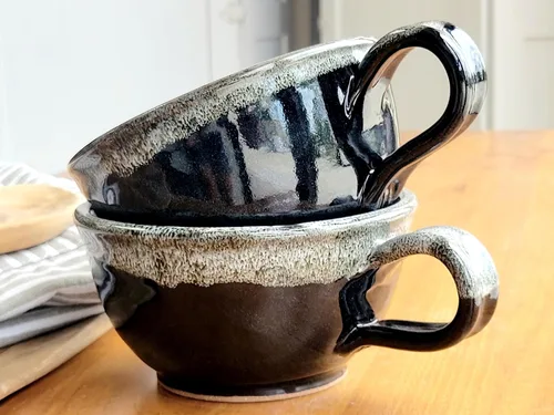 Miniatura 5 de Juego de 2 cuencos de sopa estilo granja con asas, grandes profundos, tazas colgantes de cocina, decoración de cerámica hecha a mano