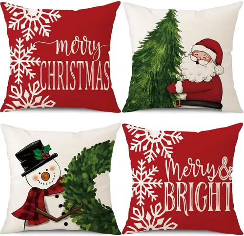 PSDWETS Juego de 4 fundas de almohada de Navidad de 18 x 18 pulgadas, decoración de Navidad, muñeco de nieve, corona de Papá Noel, árbol de Navidad,