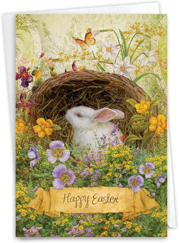 NobleWorks Tarjeta de felicitación de Pascua con sobre de 5 x 7 pulgadas (1 tarjeta) Bunny Flowers C10963EAG