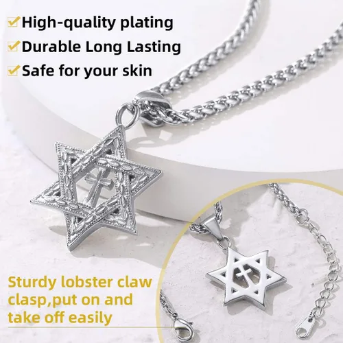 Miniatura 4 de GOLDCHIC JEWELRY David Star Necklace for Men, Stainless Steel Cross Pendant Jewish Israel Jewelry with Water Wave Chain