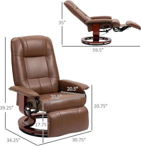 Miniatura 3 de HOMCOM Sillón reclinable manual de piel sintética, silla de salón ajustable con reposapiés, apoyabrazos y base de madera envuelta para sala de Marrón