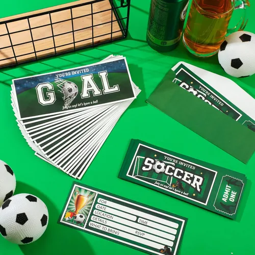 Miniatura 3 de Fuutreo 50 invitaciones de cumpleaños de fútbol con sobres, invitaciones de fiesta deportiva para fanáticos del fútbol, suministros de fiesta
