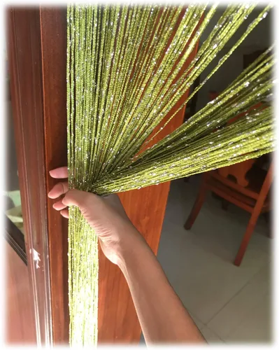 Miniatura 23 de Cortina de cuerda para puerta, hilo plano de cinta plateada con borlas, divisor de habitación, 39 x 79 pulgadas (rosa-estilo 2)