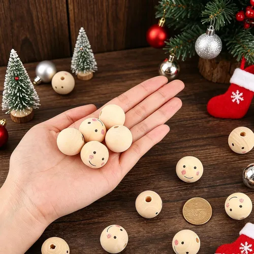 Miniatura 3 de PH PandaHall 50 cuentas de madera de 1 pulgada, cuentas de madera natural, cuentas de madera sueltas, bolas de madera con cara pintada para árbol